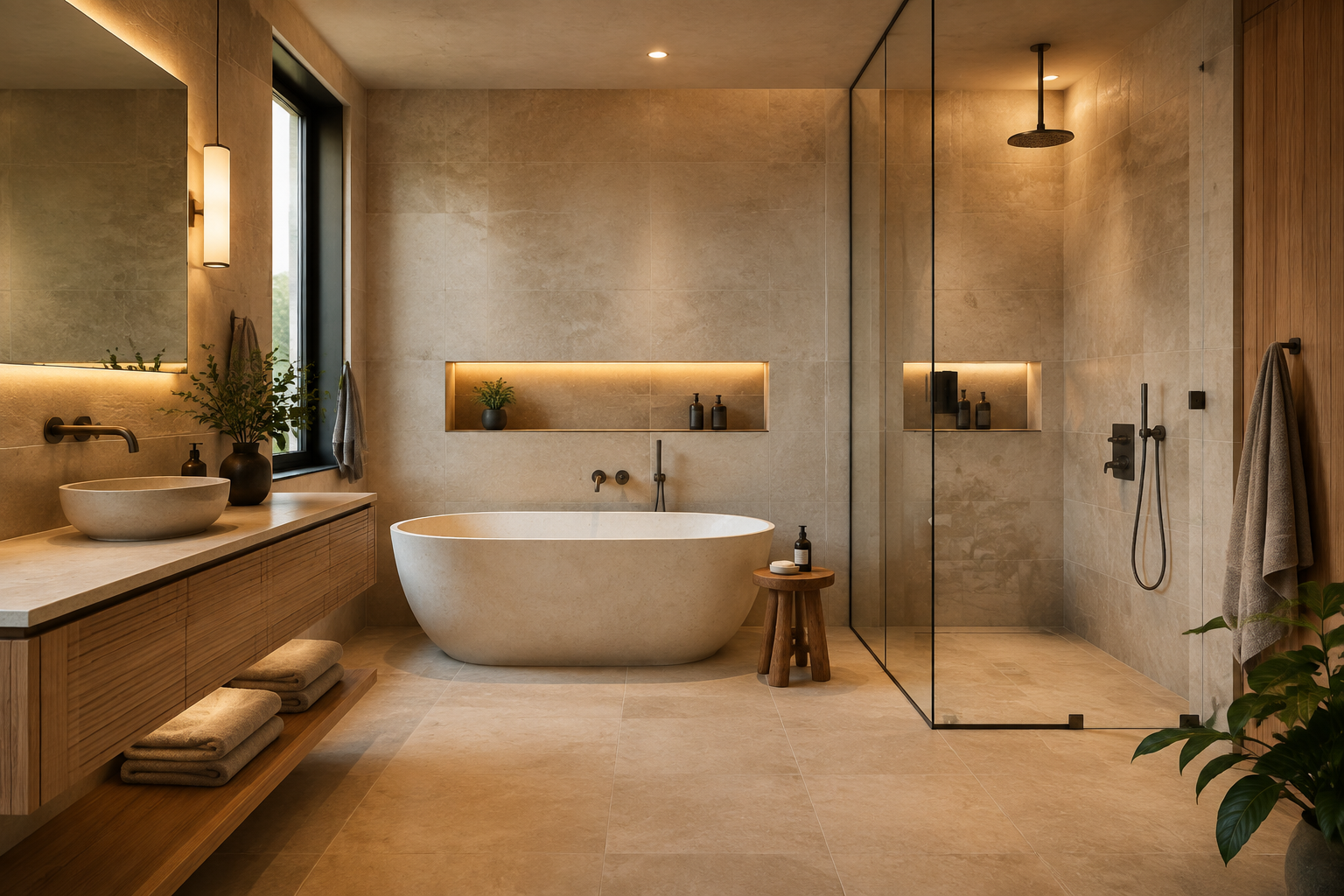 Stylish modern bathroom with warm lighting