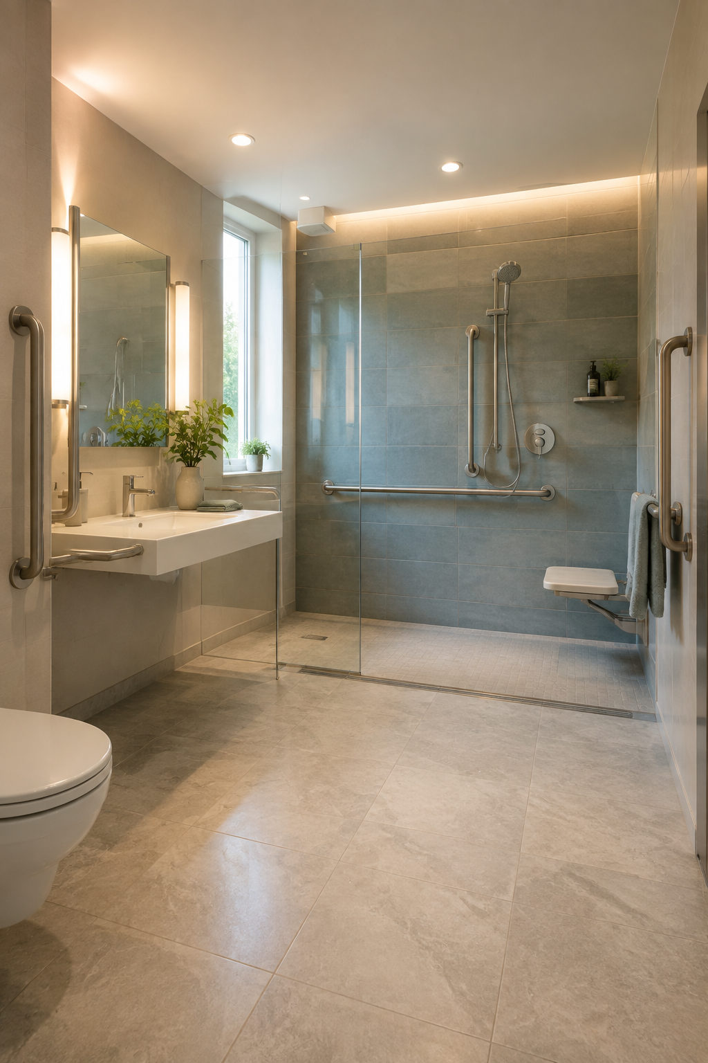 Modern accessible bathroom with walk-in shower and support features