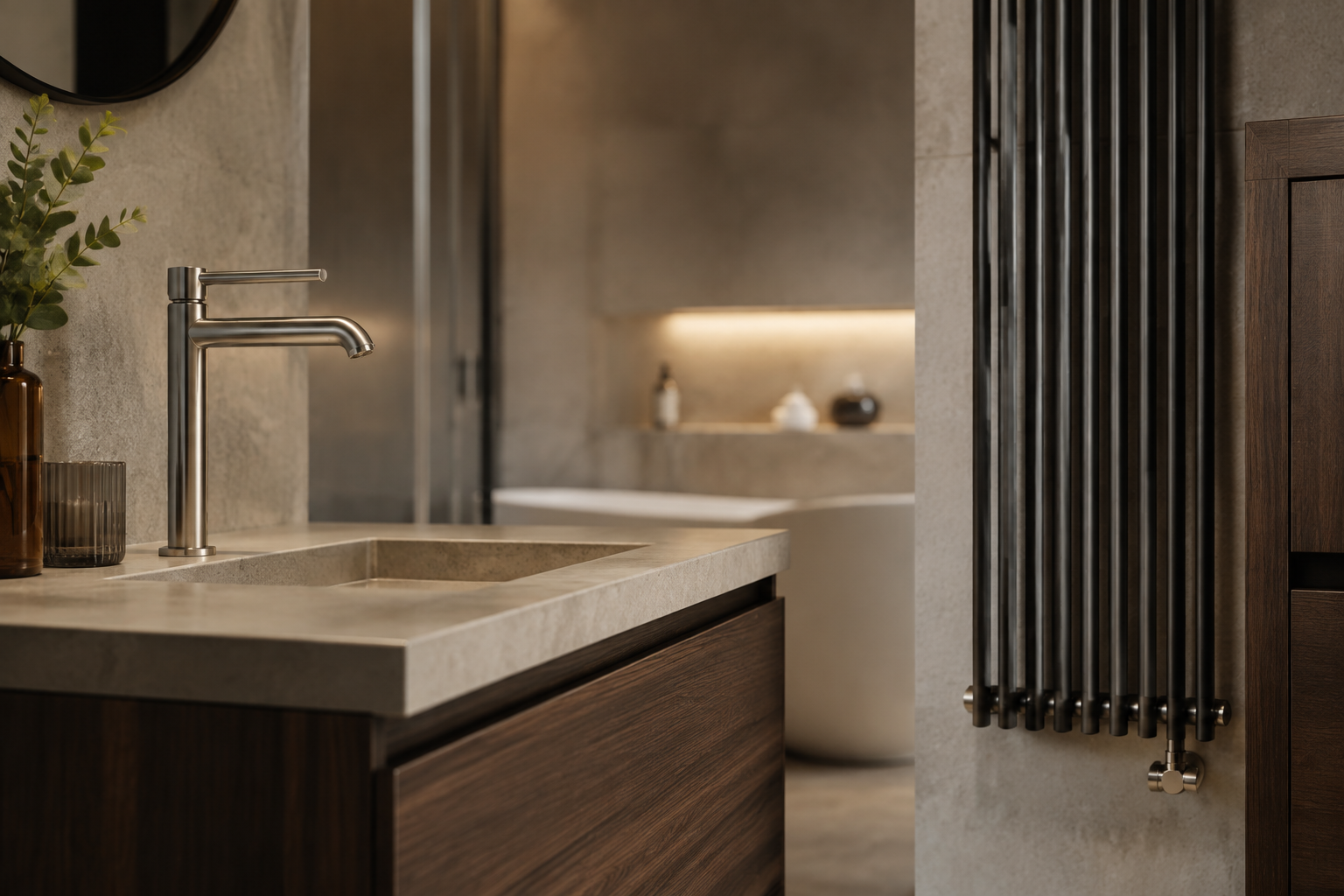 Modern bathroom taps, radiator and furniture with a softly blurred bathroom behind