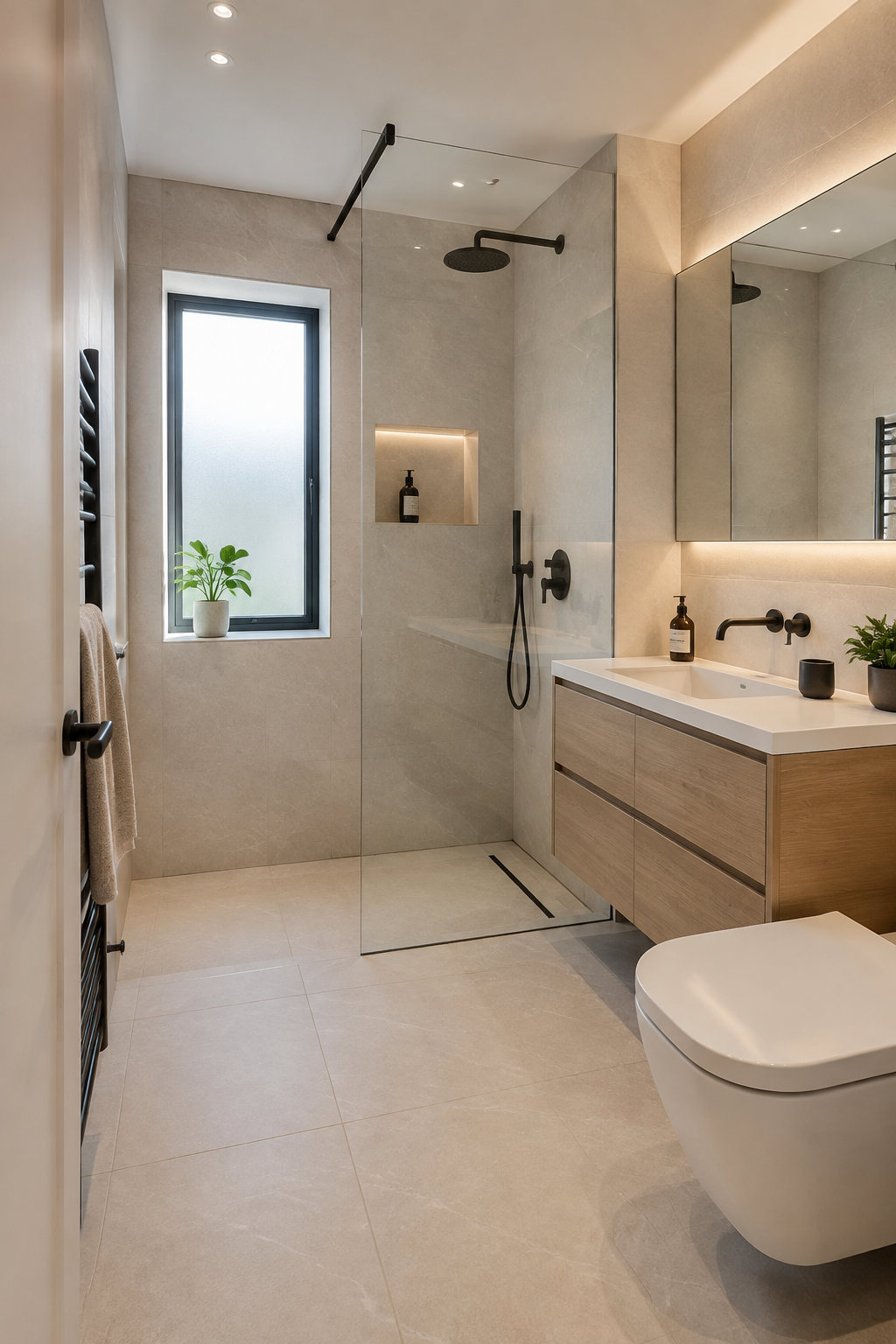 Modern bathroom refurbishment with warm lighting and contemporary fittings