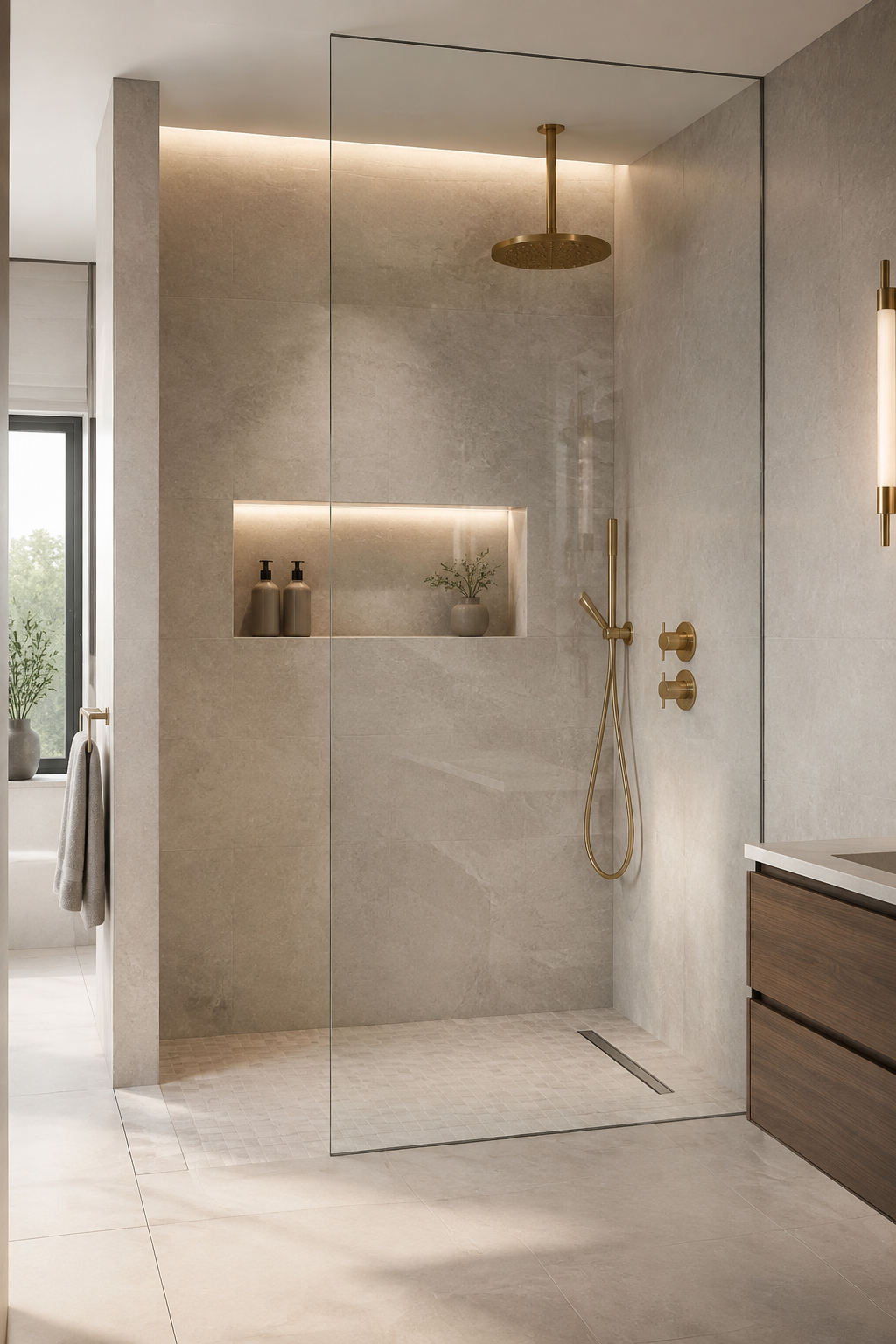 Modern walk-in shower with glass screen and contemporary fittings